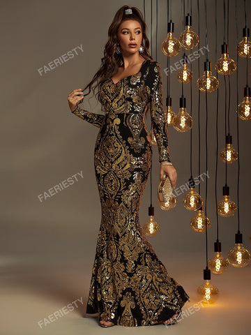 Sweetheart Neck Sequin Mermaid Prom Dress Elegant Long Sleeve Formal Evening Wedding Guest Gown, For Graduation, Dinner