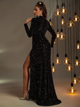 Cut Out Split Thigh Sequin Prom Dress Black Elegant Long Sleeve Formal Evening Wedding Guest Gown, For Graduation, Dinner