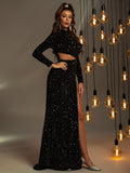 Cut Out Split Thigh Sequin Prom Dress Black Elegant Long Sleeve Formal Evening Wedding Guest Gown, For Graduation, Dinner