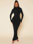 SHEIN SXY High Neck Solid Bodycon Out Going With Sleeves  Black Maxi Dress