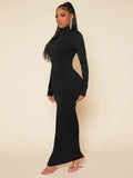 SHEIN SXY High Neck Solid Bodycon Out Going With Sleeves  Black Maxi Dress