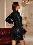 Double Crazy Surplice Neck Knot Side Sequin Dress Elegant Long Sleeve Cocktail Semi Formal Prom Wedding Guest Dress, For Birthday, Graduation, Dinner, Homecoming