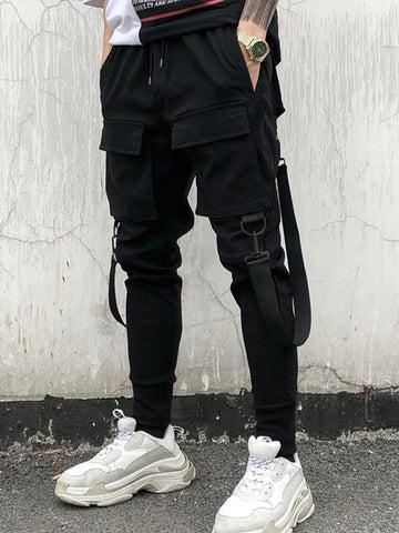 Manfinity EMRG Men Flap Pocket Buckle Detail Drawstring Waist Cargo Loose Pants Long Plain Black Going Out Rapper - MapleCo