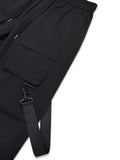 Manfinity EMRG Men Flap Pocket Buckle Detail Drawstring Waist Cargo Loose Pants Long Plain Black Going Out Rapper - MapleCo