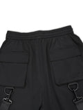 Manfinity EMRG Men Flap Pocket Buckle Detail Drawstring Waist Cargo Loose Pants Long Plain Black Going Out Rapper - MapleCo