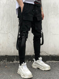 Manfinity EMRG Men Flap Pocket Buckle Detail Drawstring Waist Cargo Loose Pants Long Plain Black Going Out Rapper - MapleCo