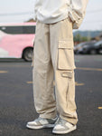 Manfinity Hypemode Loose Fit Men's Cargo Pants With Flap Pockets Side Drawstring Waist Baggy Long Plain Khaki Going Out