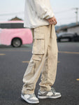 Manfinity Hypemode Loose Fit Men's Cargo Pants With Flap Pockets Side Drawstring Waist Baggy Long Plain Khaki Going Out