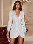 Double Crazy Surplice Neck Knot Side Sequin Dress White Elegant Long Sleeve Cocktail Semi Formal Prom Wedding Guest Dress, For Birthday, Graduation, Dinner, Homecoming