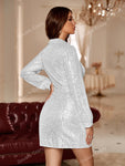 Double Crazy Surplice Neck Knot Side Sequin Dress White Elegant Long Sleeve Cocktail Semi Formal Prom Wedding Guest Dress, For Birthday, Graduation, Dinner, Homecoming