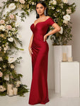 SHEIN Belle Burgundy Red Off Shoulder Ruched Split Thigh Bridesmaid Dress