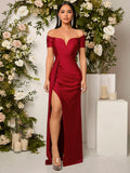 SHEIN Belle Burgundy Red Off Shoulder Ruched Split Thigh Bridesmaid Dress