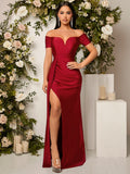 SHEIN Belle Burgundy Red Off Shoulder Ruched Split Thigh Bridesmaid Dress