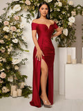 SHEIN Belle Burgundy Red Off Shoulder Ruched Split Thigh Bridesmaid Dress