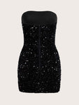 SHEIN ICON Black Sequin Tube Bodycon Date Night Dress