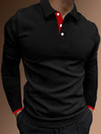 Manfinity Homme Men Contrast Trim Long Sleeve Half Button Collar Work Casual Polo Shirt For Husband