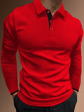 Manfinity Homme Men Contrast Trim Long Sleeve Half Button Collar Work Casual Polo Shirt For Husband