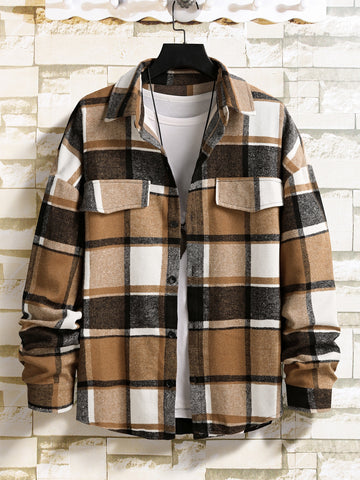 Manfinity Homme Loose Fit Men's Plaid Overcoat With Flap Detail And Drop Shoulders, Without T-Shirt, Going Out Casual Color Block Overcoat