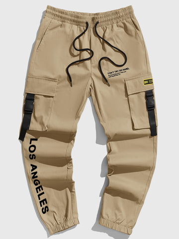 Manfinity EMRG Men Slogan Graphic Patched Detail Flap Pocket Buckled Drawstring Waist Joggers - MapleCo