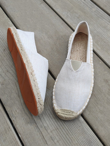 Men Minimalist Espadrilles Canvas Loafers White, White Solid Color Woven Grass Shoes - MapleCo