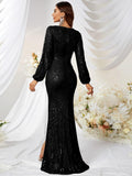 Giffniseti Surplice Neck Wrap Hem Sequin Prom Dress Black Elegant Long Sleeve Formal Evening Wedding Guest Gown, For Graduation, Dinner