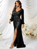 Giffniseti Surplice Neck Wrap Hem Sequin Prom Dress Black Elegant Long Sleeve Formal Evening Wedding Guest Gown, For Graduation, Dinner