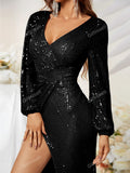 Giffniseti Surplice Neck Wrap Hem Sequin Prom Dress Black Elegant Long Sleeve Formal Evening Wedding Guest Gown, For Graduation, Dinner