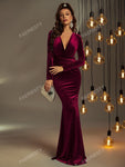 Surplice Neck Mermaid Hem Velvet Formal Dress Elegant Long Sleeve Prom Evening Wedding Guest Gown, For Graduation, Dinner, Christmas