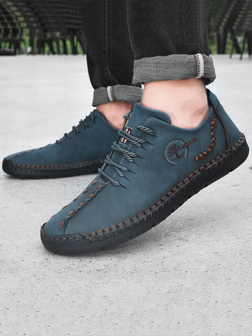 Men Letter Detail Lace-up Front Dress Shoes, Fashion Blue Handmade Shoes - MapleCo