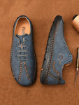 Men Letter Detail Lace-up Front Dress Shoes, Fashion Blue Handmade Shoes - MapleCo