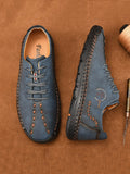 Men Letter Detail Lace-up Front Dress Shoes, Fashion Blue Handmade Shoes - MapleCo