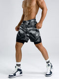 Manfinity Running Men Brush Print Drawstring Waist 2 In 1 Sports Shorts Gym Shorts