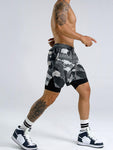 Manfinity Running Men Brush Print Drawstring Waist 2 In 1 Sports Shorts Gym Shorts