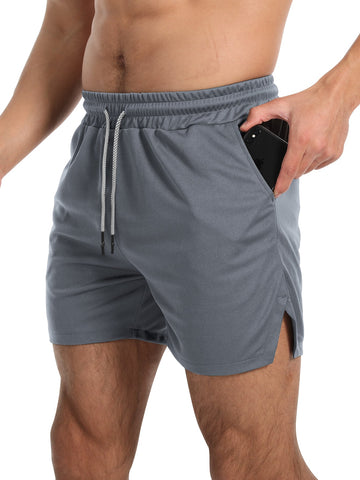 Manfinity Sport Corelite Men Split Hem Drawstring Waist Sports Shorts With Towel Loop, Grey Shorts Gym Shorts Jogger Shorts