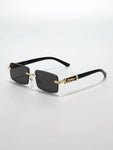 1pc Men's Rhinestone Cut Lens Cat-Shaped Metal Decoration Rimless Gold Striped Unique K-Gold Animal Decoration Fashionable Luxury Gold Frame Glasses With Gradient Ocean Blue, Green, Purple And Full Gray Lens Elegant Shades Accessories