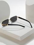 1pc Men's Rhinestone Cut Lens Cat-Shaped Metal Decoration Rimless Gold Striped Unique K-Gold Animal Decoration Fashionable Luxury Gold Frame Glasses With Gradient Ocean Blue, Green, Purple And Full Gray Lens Elegant Shades Accessories