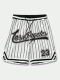 ROMWE Prep Men Striped Letter Printed Drawstring Waist Summer Sports Casual Mesh Shorts, School