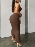 Women Solid Ribbed Knit Sleeveless Bodycon Backless Sexy Street Party Fashion Dress