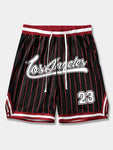 ROMWE Prep Men Striped Letter Printed Drawstring Waist Summer Sports Casual Mesh Shorts, School