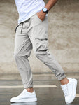 Manfinity Homme Men Flap Pocket Side Drawstring Waist Cargo Loose Pants Long Slacks Plain Light Grey Going Out - MapleCo