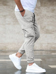 Manfinity Homme Men Flap Pocket Side Drawstring Waist Cargo Loose Pants Long Slacks Plain Light Grey Going Out - MapleCo