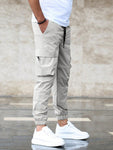 Manfinity Homme Men Flap Pocket Side Drawstring Waist Cargo Loose Pants Long Slacks Plain Light Grey Going Out - MapleCo