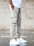 Manfinity Homme Men Flap Pocket Side Drawstring Waist Cargo Loose Pants Long Slacks Plain Light Grey Going Out - MapleCo