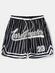 ROMWE Prep Men Striped Letter Printed Drawstring Waist Summer Sports Casual Mesh Shorts, School