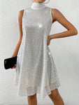 SHEIN Allurite 1pc Women's Solid Color Stand Collar Sequin Embellished Loose A-Line Dress