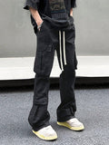 Manfinity EMRG Men Flap Pocket Side Drawstring Waist Cargo Pants Long Plain Black Going Out