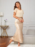 SHEIN Belle Puff Sleeve Sequin Mermaid Hem Dress Elegant Formal Evening Prom Wedding Guest Gown, For Graduation, Dinner