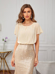 SHEIN Belle Puff Sleeve Sequin Mermaid Hem Dress Elegant Formal Evening Prom Wedding Guest Gown, For Graduation, Dinner