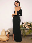 SHEIN Belle One Shoulder Ruched Wrap Hem Bridesmaid Dress Black Elegant Long Sleeve Formal Evening Prom Wedding Guest Gown, For Graduation, Dinner