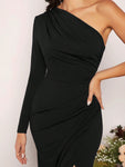 SHEIN Belle One Shoulder Ruched Wrap Hem Bridesmaid Dress Black Elegant Long Sleeve Formal Evening Prom Wedding Guest Gown, For Graduation, Dinner